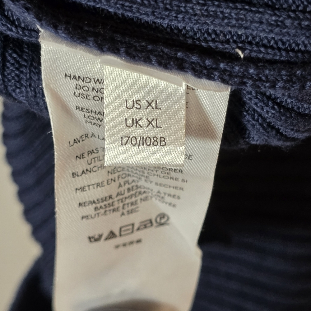 Anthropologie Maeve Navy Ribbed Knit Midi Dress Puff Sleeve Gingham, sz XL - Picture 8 of 10